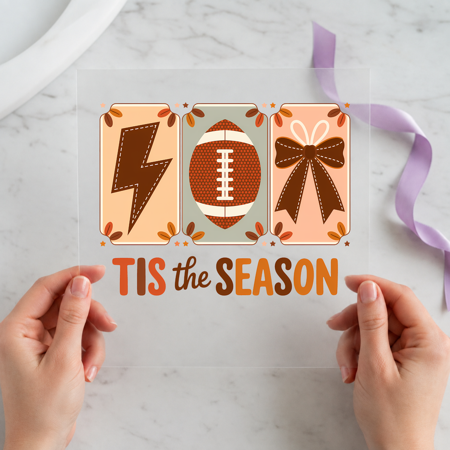 Tis the Season Football Bow 12 by 12 ready-to-press DTF heat transfer for a football shirt