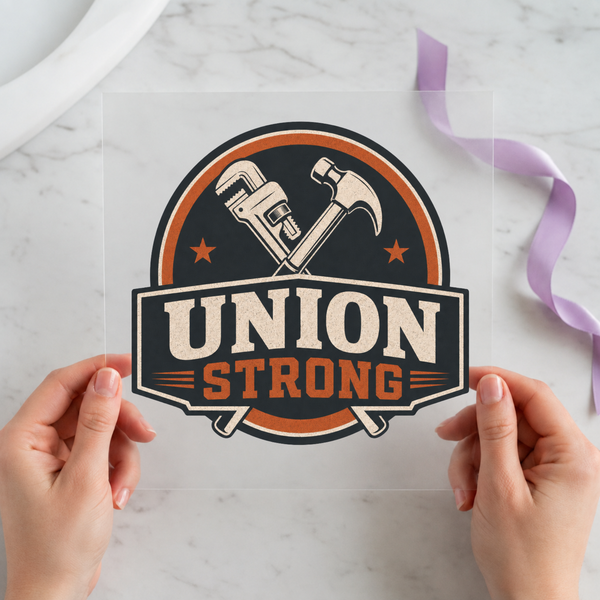 Union Strong DTF transfer mockup with crossed tools badge design for a union worker gift