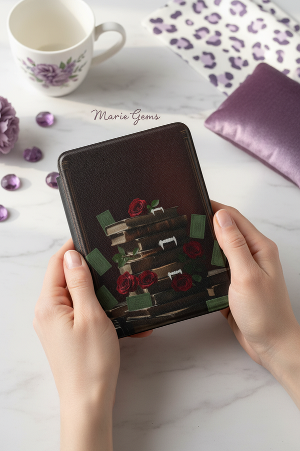 Vintage Books & Roses Kindle 7-Inch Kindle Paperwhite Case showing stacked antique books, deep red roses and rich library-inspired details for an elegant case that looks beautiful