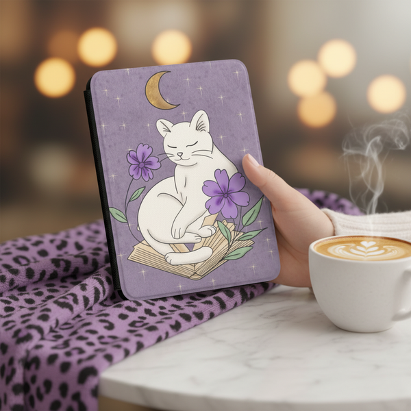 Witchy Cat Gift-Ready 7-Inch Kindle Paperwhite Case showing witchy cat kindle case artwork with witchy cat kindle case, moon cat kindle cover, personalized kindle case