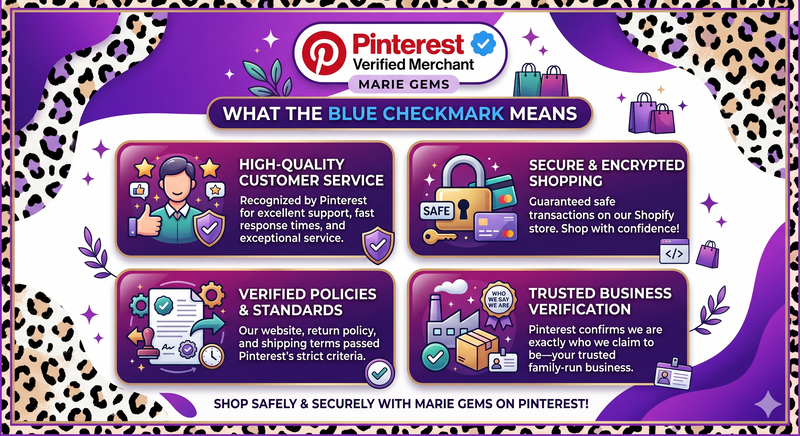 Infographic explaining benefits of Pinterest Verified Merchant status for Marie Gems | Secure transactions and trusted custom products