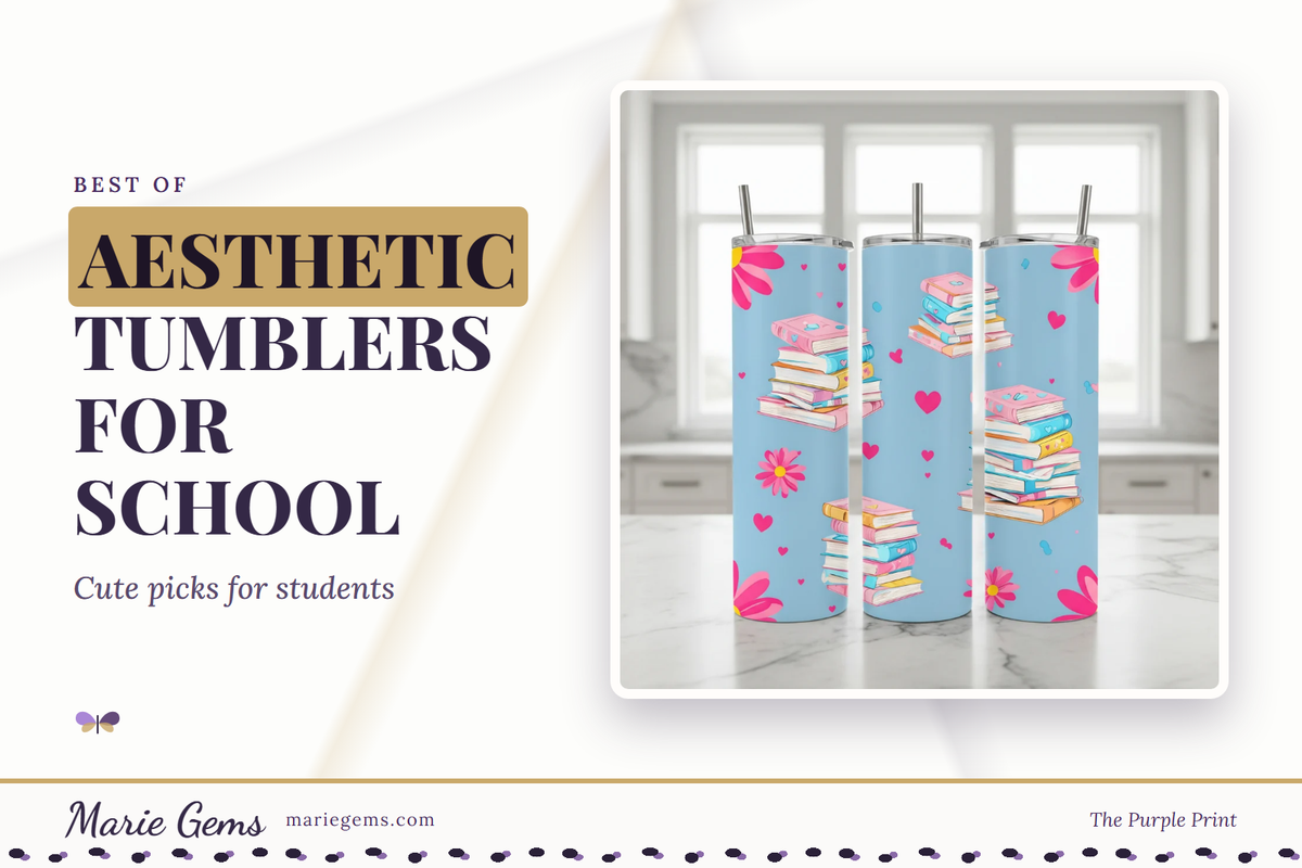Pastel Book Lover 20 oz Stainless Steel Tumbler from Marie Gems, featured image for Aesthetic Tumblers for School