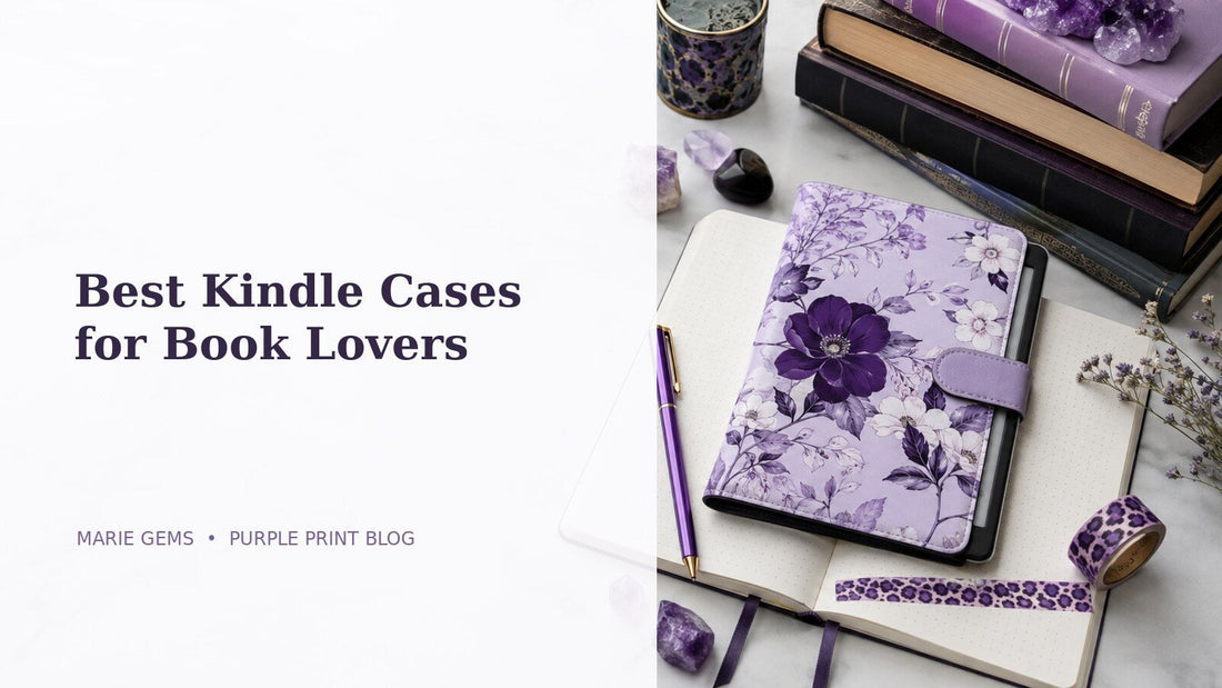 Best Kindle Cases for Book Lovers featured blog image in Marie Gems purple bullet journal style