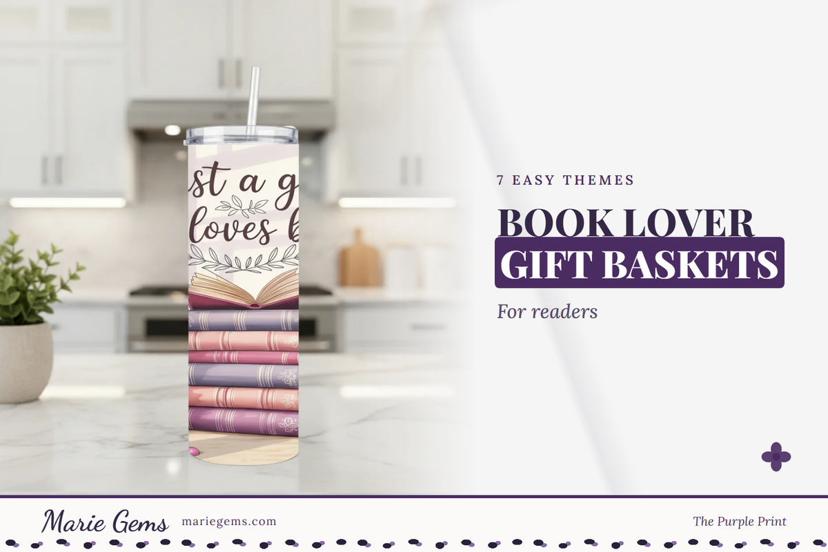 Just a Girl Who Loves Books 20 oz Stainless Steel Tumbler from Marie Gems, featured image for Book Lover Gift Baskets