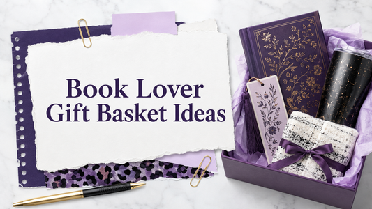 Book lover gift basket ideas in Marie Gems purple bullet journal style