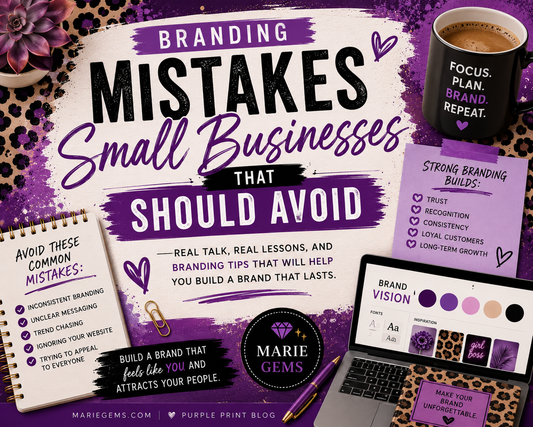 Purple branding mistakes graphic for small businesses featuring cohesive branding tips, cheetah print accents, and Marie Gems marketing inspiration.