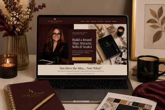 Cohesive luxury website branding example displayed on a laptop with matching brand colors, messaging, and visual identity for a service-based business.