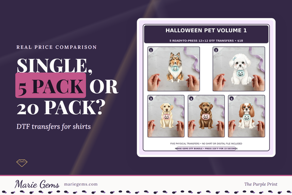 Halloween Pet Volume 1 5-Pack 12x12 DTF Transfer Bundle from Marie Gems, featured image for Single, 5-Pack or 20-Pack?