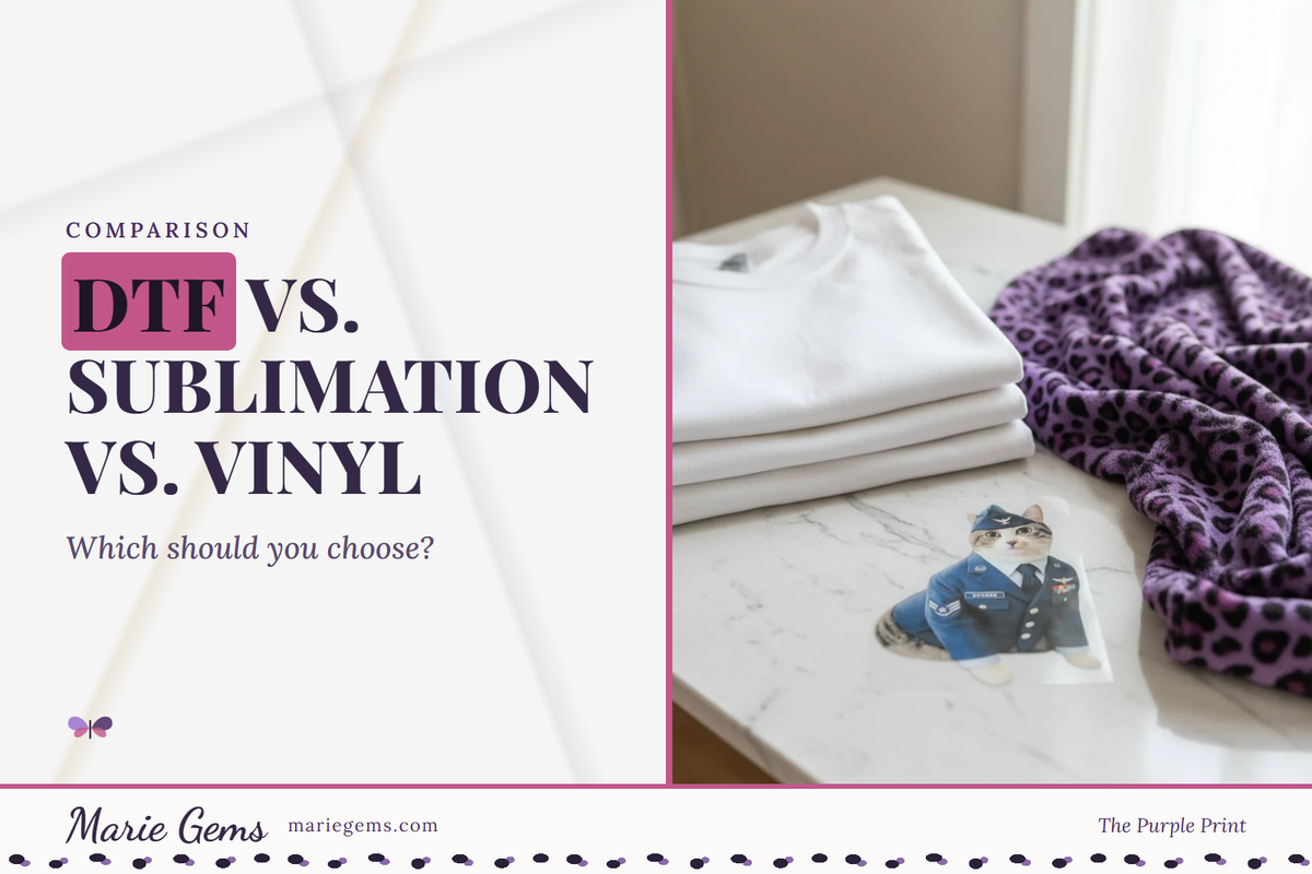 Custom 12x12 Ready-to-Press DTF Transfer from Marie Gems, featured image for DTF vs. Sublimation vs. Vinyl