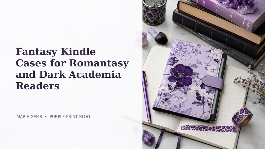 Fantasy Kindle Cases for Romantasy and Dark Academia Readers featured blog image in Marie Gems purple bullet journal style