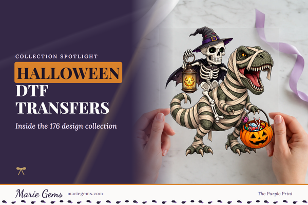 Skeleton Witch Riding a Dinosaur Ready-to-Press DTF Transfer from Marie Gems, featured image for Halloween DTF Transfers