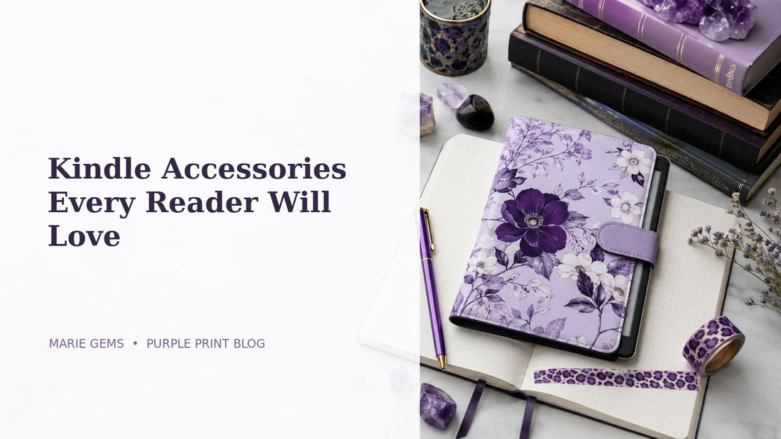 Kindle Accessories Every Reader Will Love featured blog image in Marie Gems purple bullet journal style