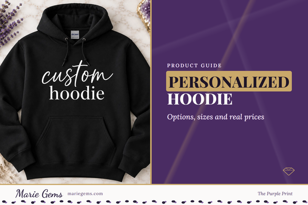 Black pullover personalized hoodie with custom script and serif text design on a marble background with dried lavender and amethyst, from Marie Gems