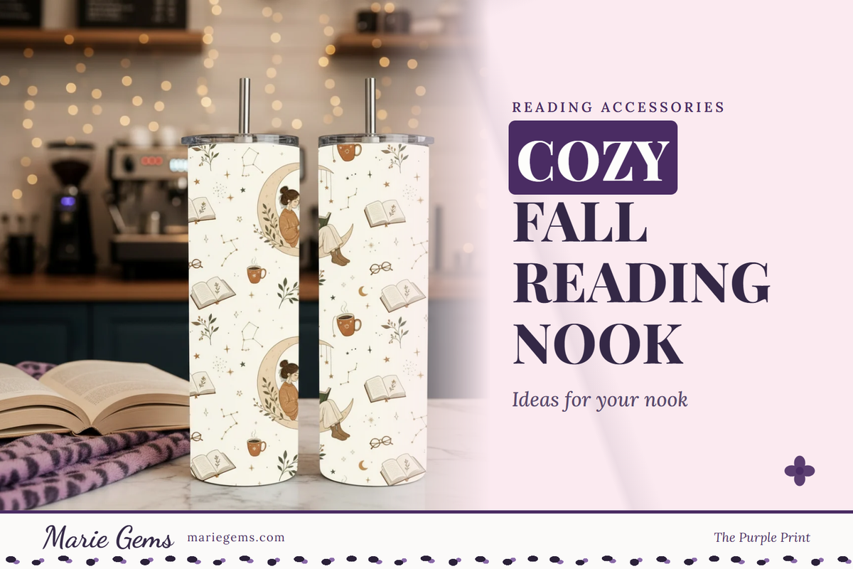 Cozy Bookworm 20 oz Stainless Steel Tumbler from Marie Gems, featured image for Cozy Fall Reading Nook