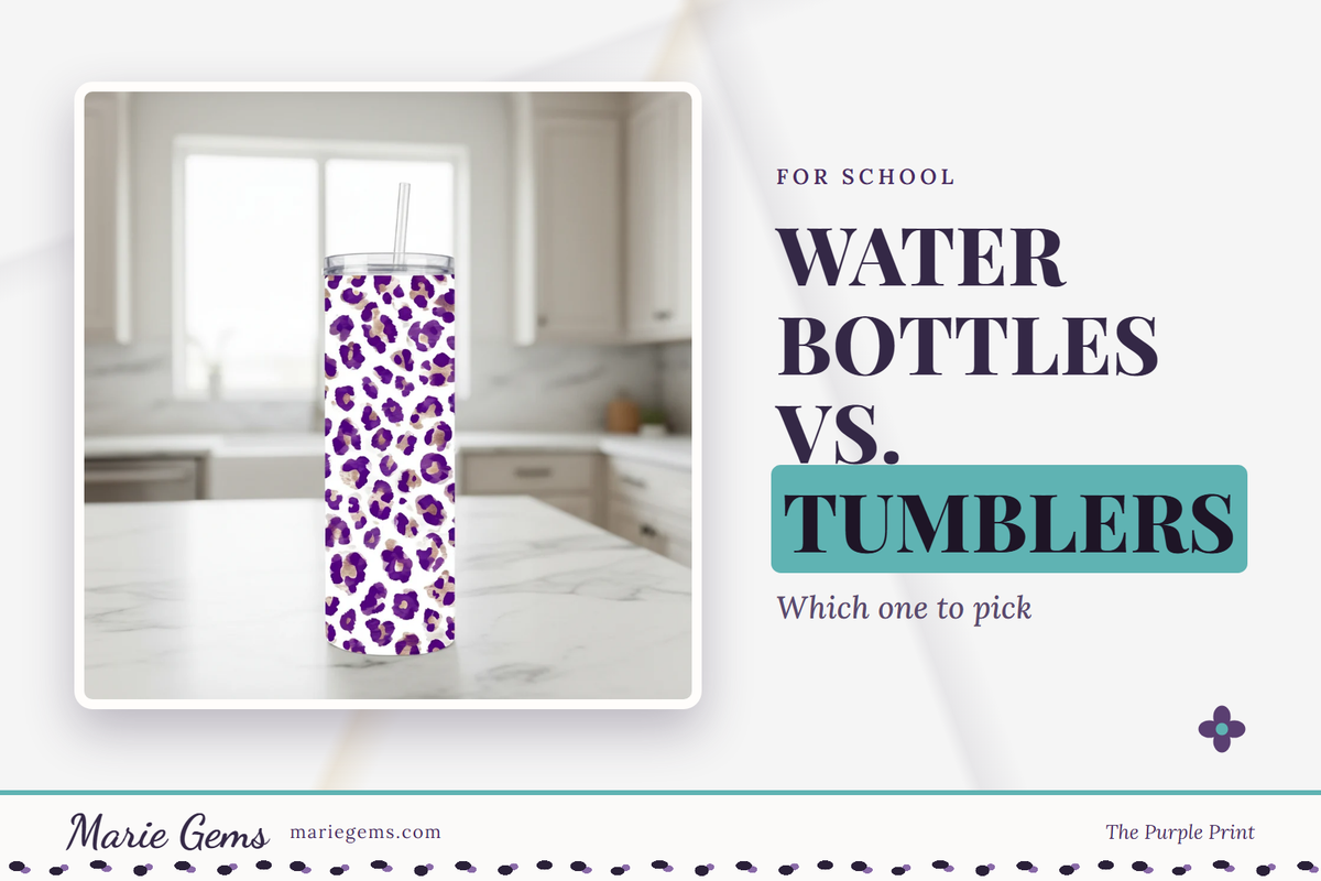 Purple Leopard Print 20 oz Stainless Steel Tumbler from Marie Gems, featured image for Water Bottles vs. Tumblers