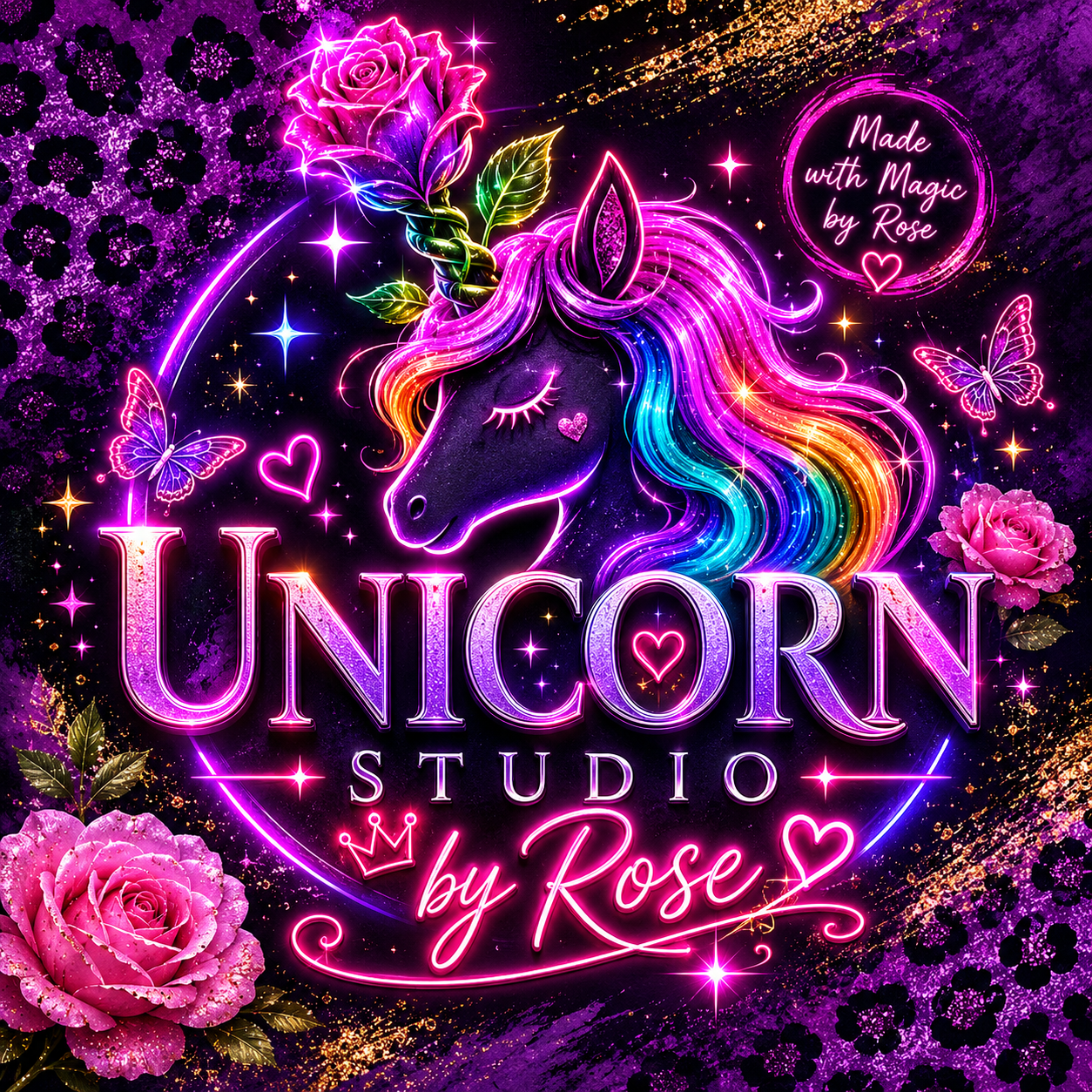 Glowing neon Unicorn Studios by Rose logo with rainbow unicorn and rose horn on dark purple background with cheetah print, gold glitter accents, sparkles, and magical kid-friendly branding aesthetic for custom tumblers and t-shirts.