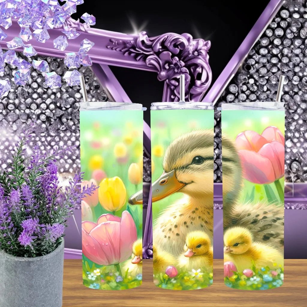 Baby Duckling 20oz Tumbler Spring Tulip Stainless Steel Cup Handmade Yellow Floral Garden Drinkware Easter Gift For Her by Marie Gems