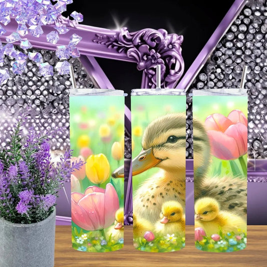 Baby Duckling 20oz Tumbler Spring Tulip Stainless Steel Cup Handmade Yellow Floral Garden Drinkware Easter Gift For Her by Marie Gems