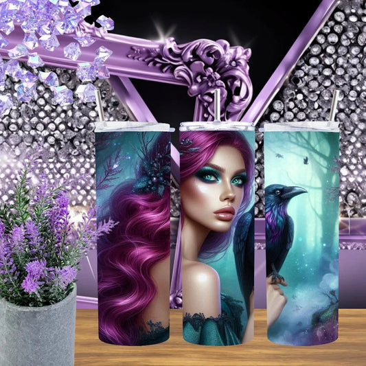Gothic Raven Sorceress 20oz Tumbler, Dark Fantasy Art Stainless Steel Cup, Mythical Crow Lover Gift for Her, Handmade Moody Aesthetic Drinkware by Marie Gems