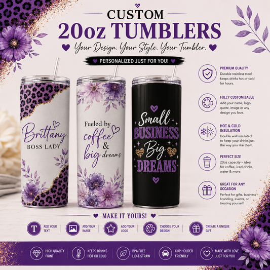 Custom 20oz Tumbler Personalized Stainless Steel Skinny Tumbler With Straw Custom Name Logo Photo Design Gift For Her Small Business Drinkware