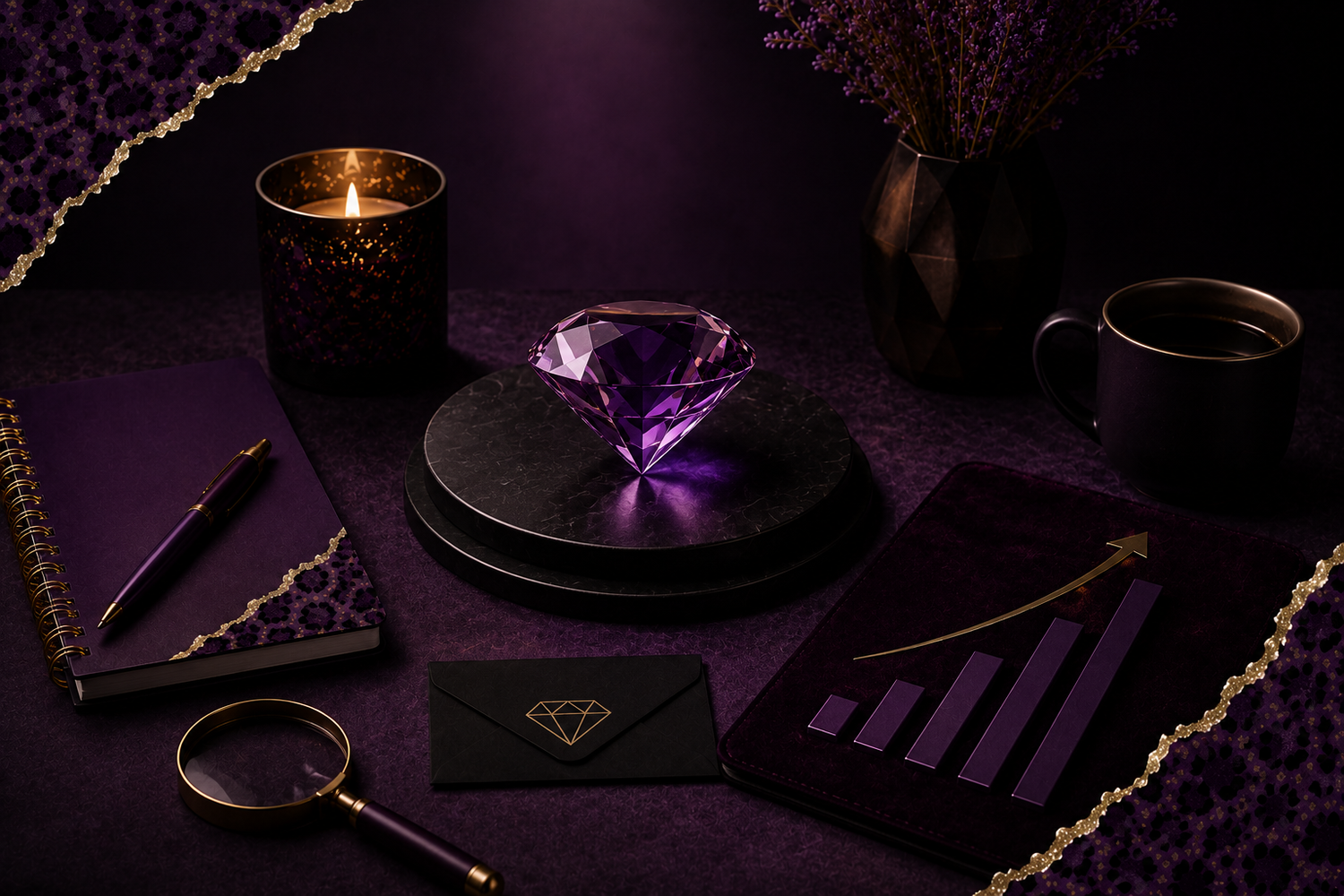 Purple diamond-shaped crystal on black pedestal surrounded by purple stationery, candle, coffee cup, and gold accents on dark surface