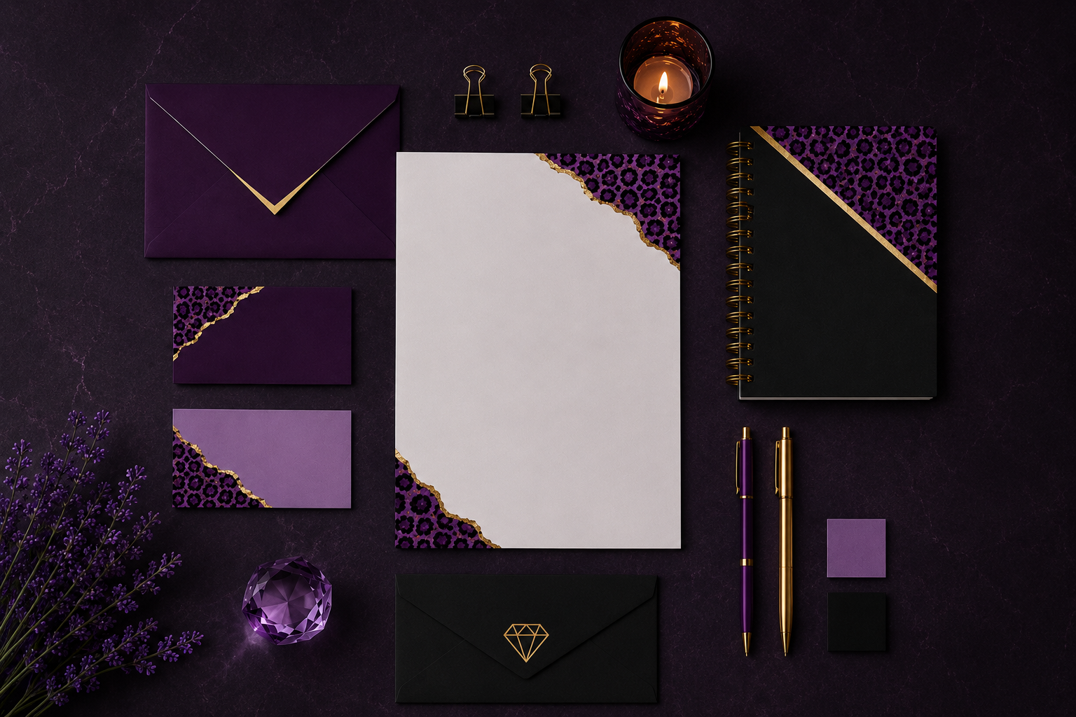 Flat lay of stationery with purple and black leopard print accents, gold details, lavender sprigs, candle, and crystal decor on dark background