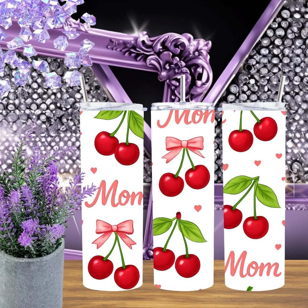 Cherry Mom 20oz Tumbler Stainless Steel Cup Red Cherry Gift For Mothers Day Coquette Aesthetic Pink Bow Drinkware by Marie Gems