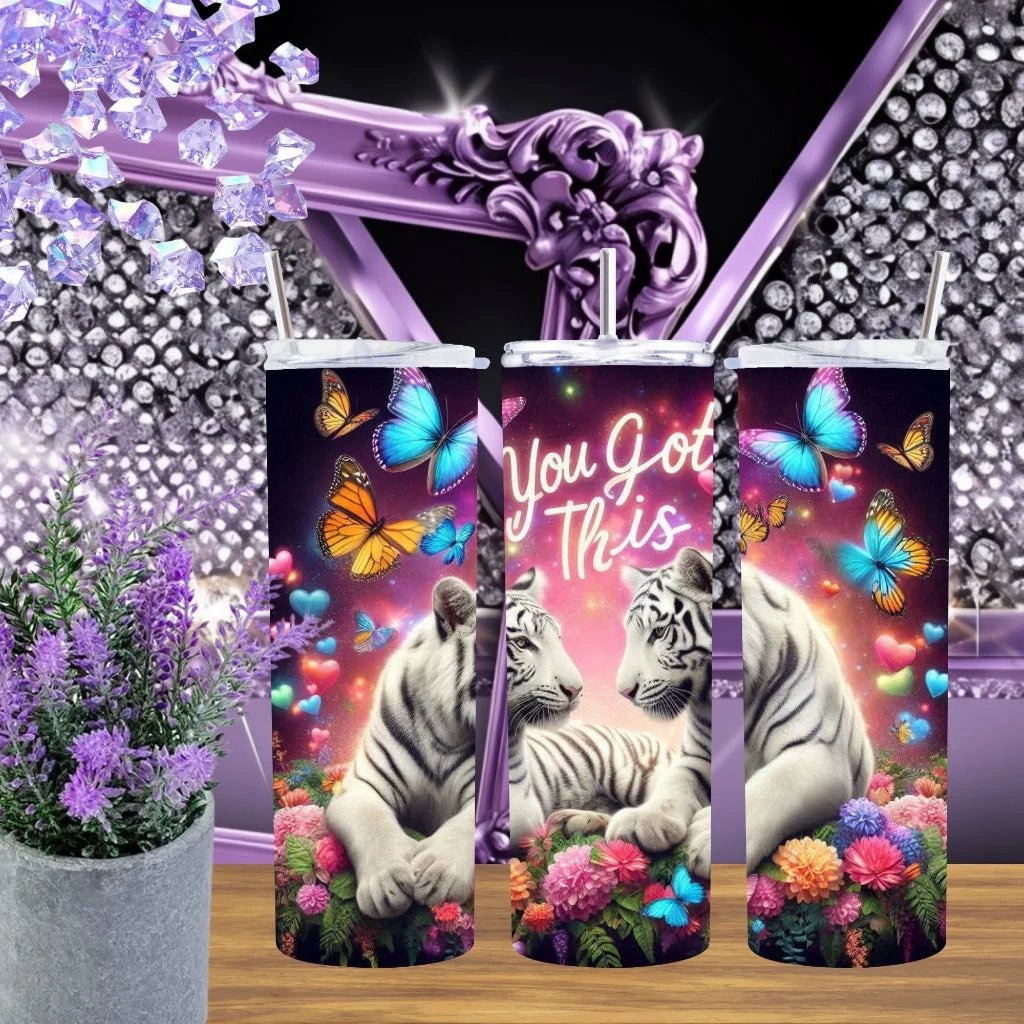 White Tiger You Got This 20oz Tumbler Night Jungle Stainless Steel Cup Motivational Gift for Her Handmade Drinkware by Marie Gems