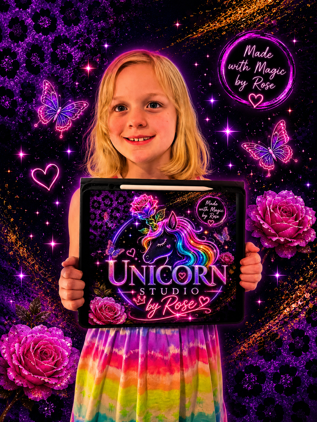 Young girl holding a glowing tablet with a neon unicorn logo surrounded by pink roses, butterflies, and sparkles on purple background