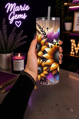 Purple Sunflower Handmade 20 oz Stainless Steel Tumbler showing purple sunflower 20oz tumbler - leopard print gift for her artwork with insulated stainless steel tumbler, reusable