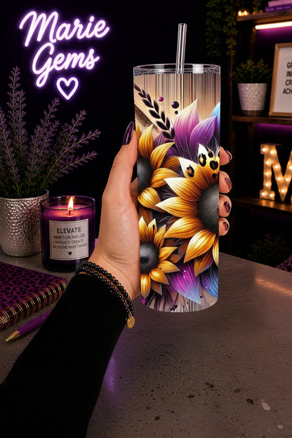 Purple Sunflower Handmade 20 oz Stainless Steel Tumbler showing purple sunflower 20oz tumbler - leopard print gift for her artwork with insulated stainless steel tumbler, reusable