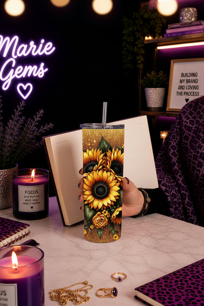 Western Leopard Handmade 20 oz Stainless Steel Tumbler showing western leopard 20oz gold tumbler & sunflower cup set artwork with insulated stainless steel tumbler, reusable travel