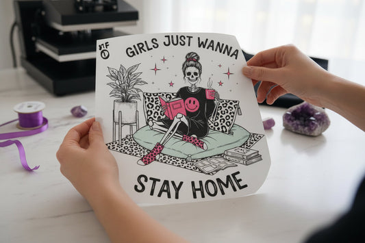 Girls Just Wanna Stay Home individual product photo included in the Funny & Relatable Volume 2 five-pack DTF transfer bundle
