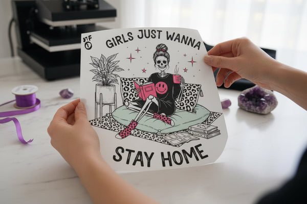 Girls Just Wanna Stay Home individual product photo included in the Funny & Relatable Volume 2 five-pack DTF transfer bundle