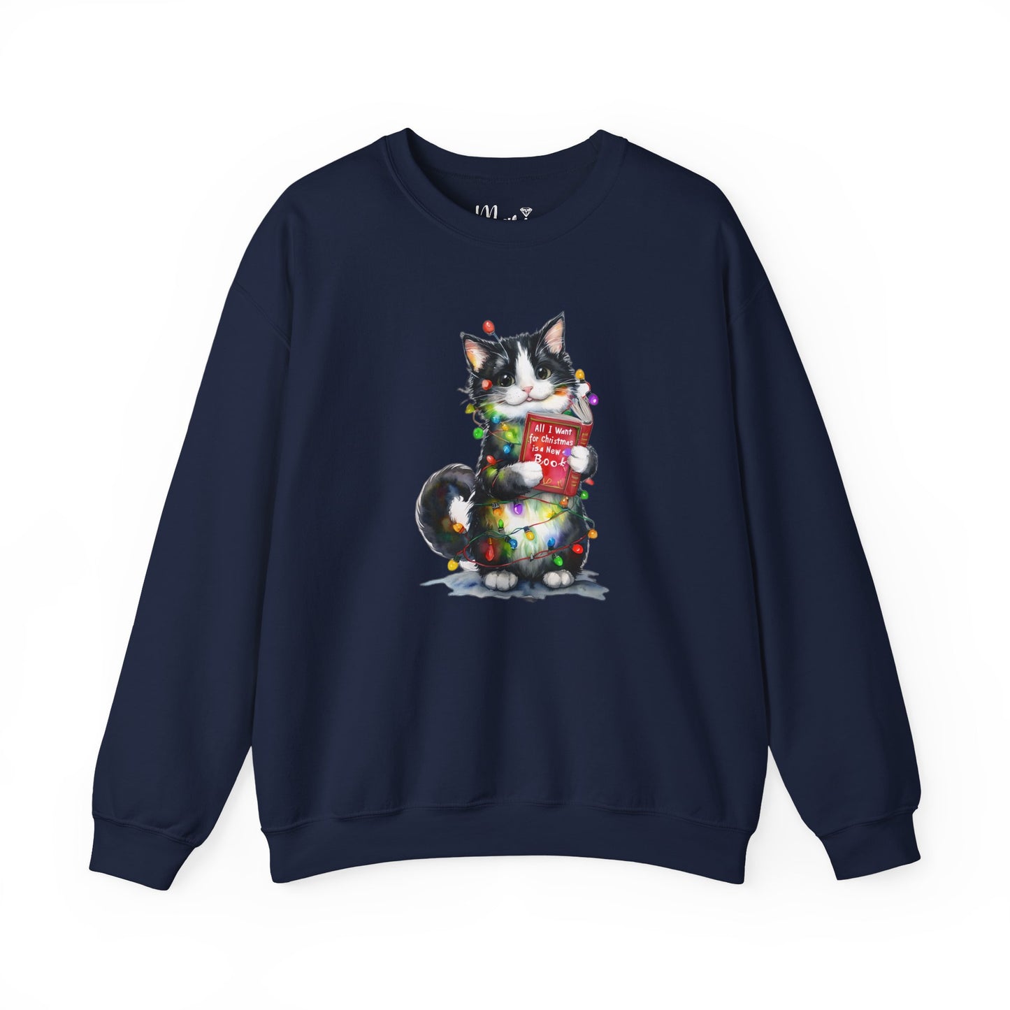 All I Want for Christmas Is a New Book Cat Crewneck Sweatshirt, Bookworm Holiday Sweater, Cat Lover Gift, Funny Christmas Sweater