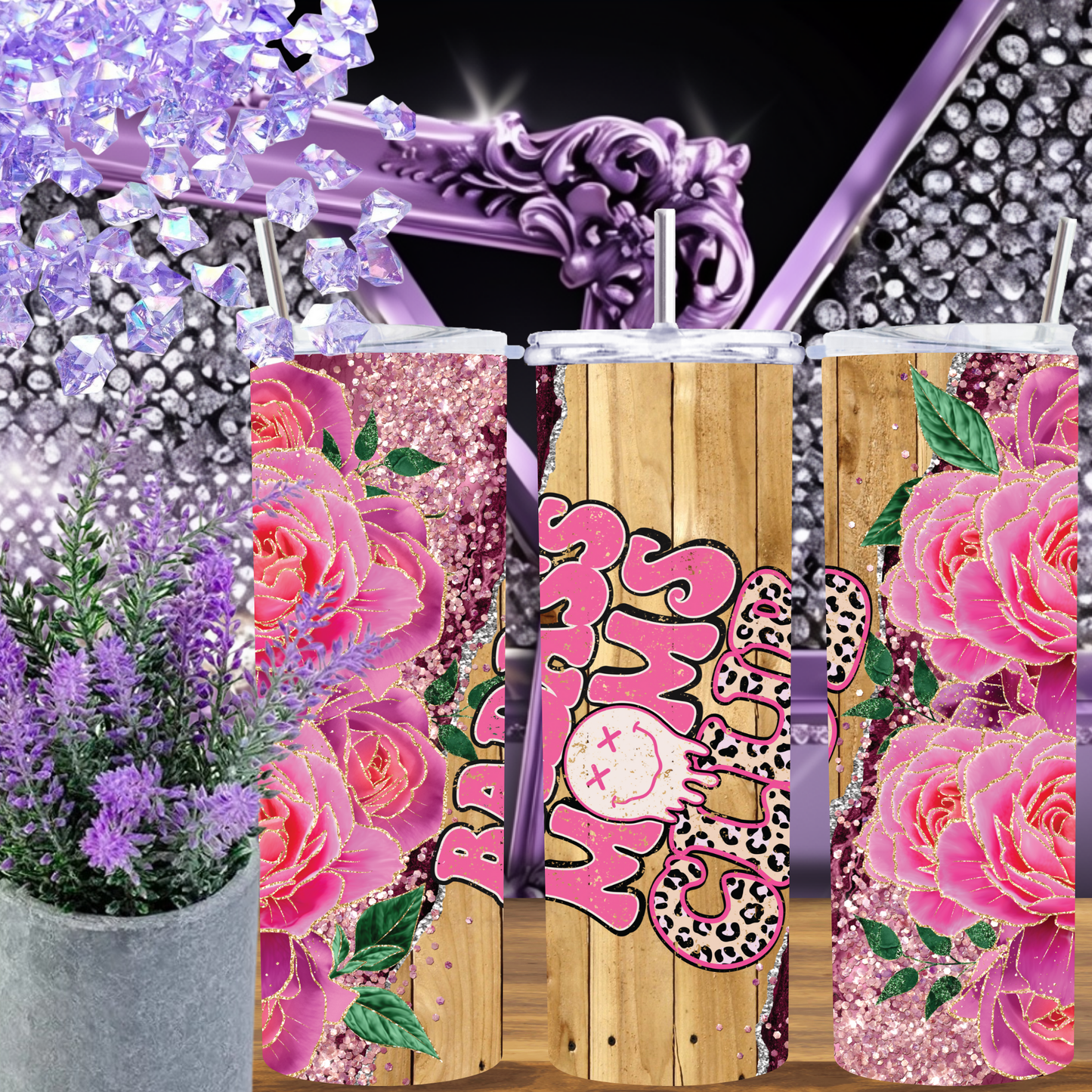 Badass Moms Club Tumbler 20 oz – Pink Glitter Leopard Floral Tumbler, Mom Life Skinny Cup Gift, Sassy Country Mom Coffee Cup