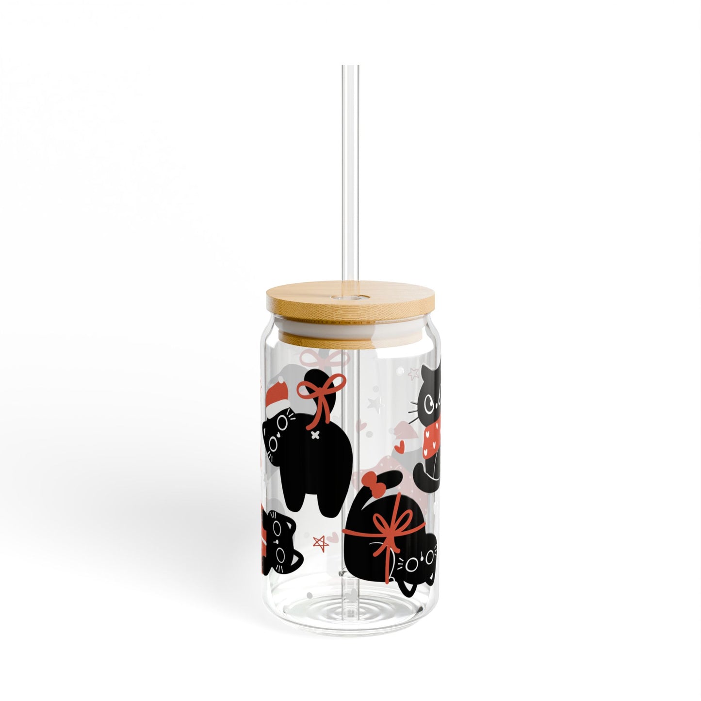 Christmas Cat Libbey Glass Can Cup 16oz – Cute Holiday Black Cat Tumbler with Lid & Straw, Kawaii Christmas Gift for Cat Lovers