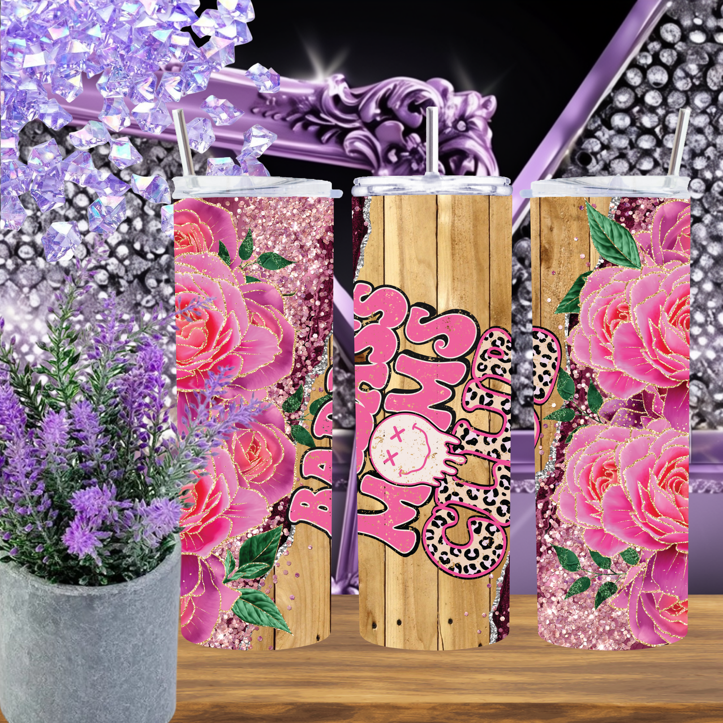 Badass Moms Club Tumbler 20 oz – Pink Glitter Leopard Floral Tumbler, Mom Life Skinny Cup Gift, Sassy Country Mom Coffee Cup