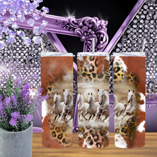 Horse Tumbler 20 oz – Western Cow Print & Leopard Skinny Cup with Running White Horses, Cowgirl Rodeo Coffee Tumbler