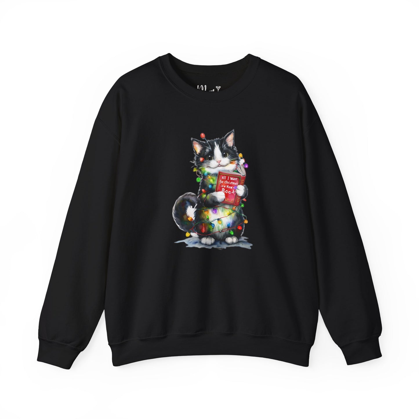 All I Want for Christmas Is a New Book Cat Crewneck Sweatshirt, Bookworm Holiday Sweater, Cat Lover Gift, Funny Christmas Sweater
