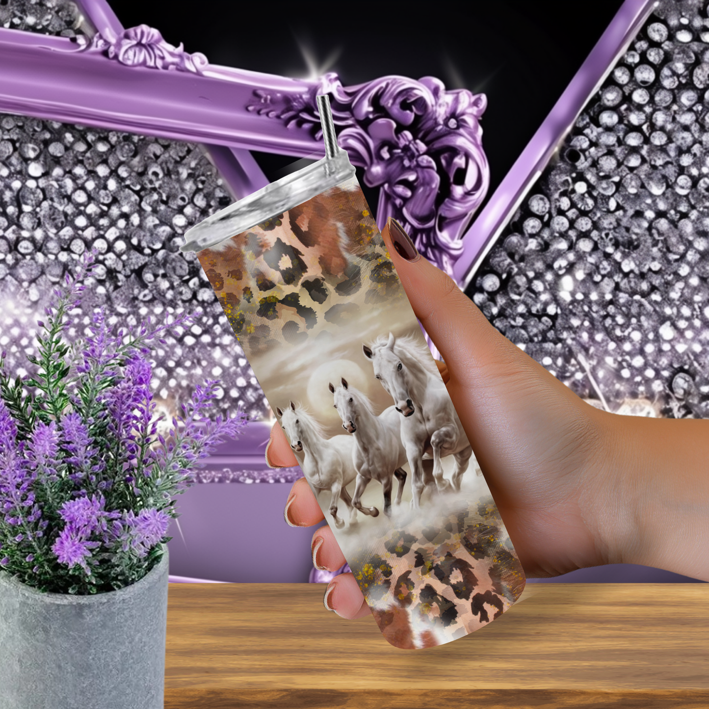 Horse Tumbler 20 oz – Western Cow Print & Leopard Skinny Cup with Running White Horses, Cowgirl Rodeo Coffee Tumbler