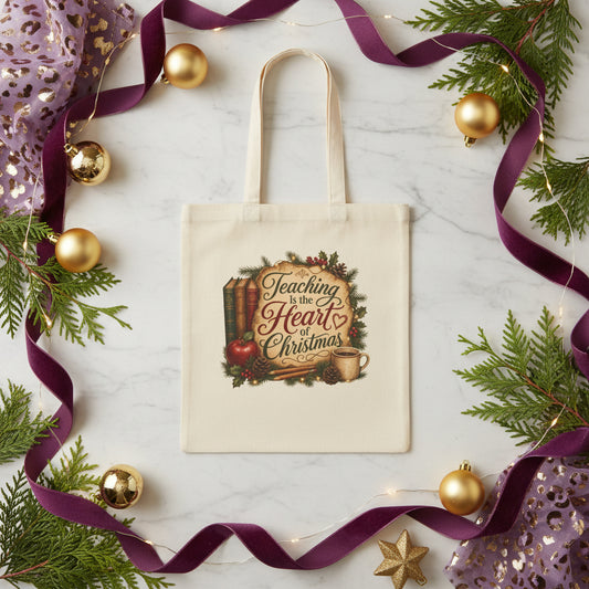 Teaching Is the Heart of Christmas Teacher Tote Bag featuring the Teaching Is the Heart of Christmas design – product image