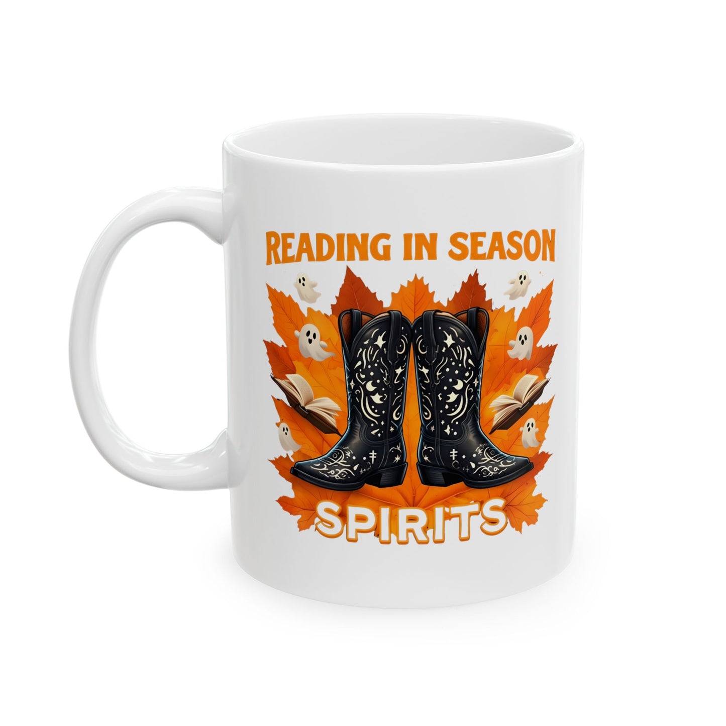 Western Book Lover Mug, Halloween Reading Mug, Cowboy Boots Fall Mug, Spooky Season Coffee Cup, Cozy Bookworm Mug, Literary Drinkware