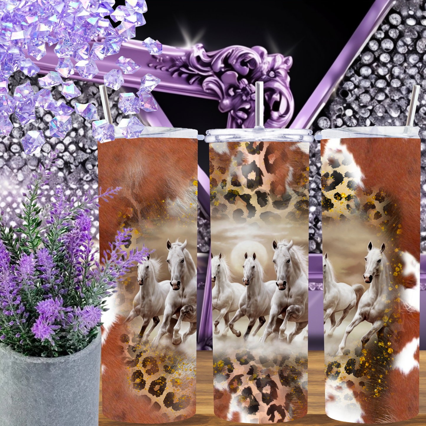 Horse Tumbler 20 oz – Western Cow Print & Leopard Skinny Cup with Running White Horses, Cowgirl Rodeo Coffee Tumbler