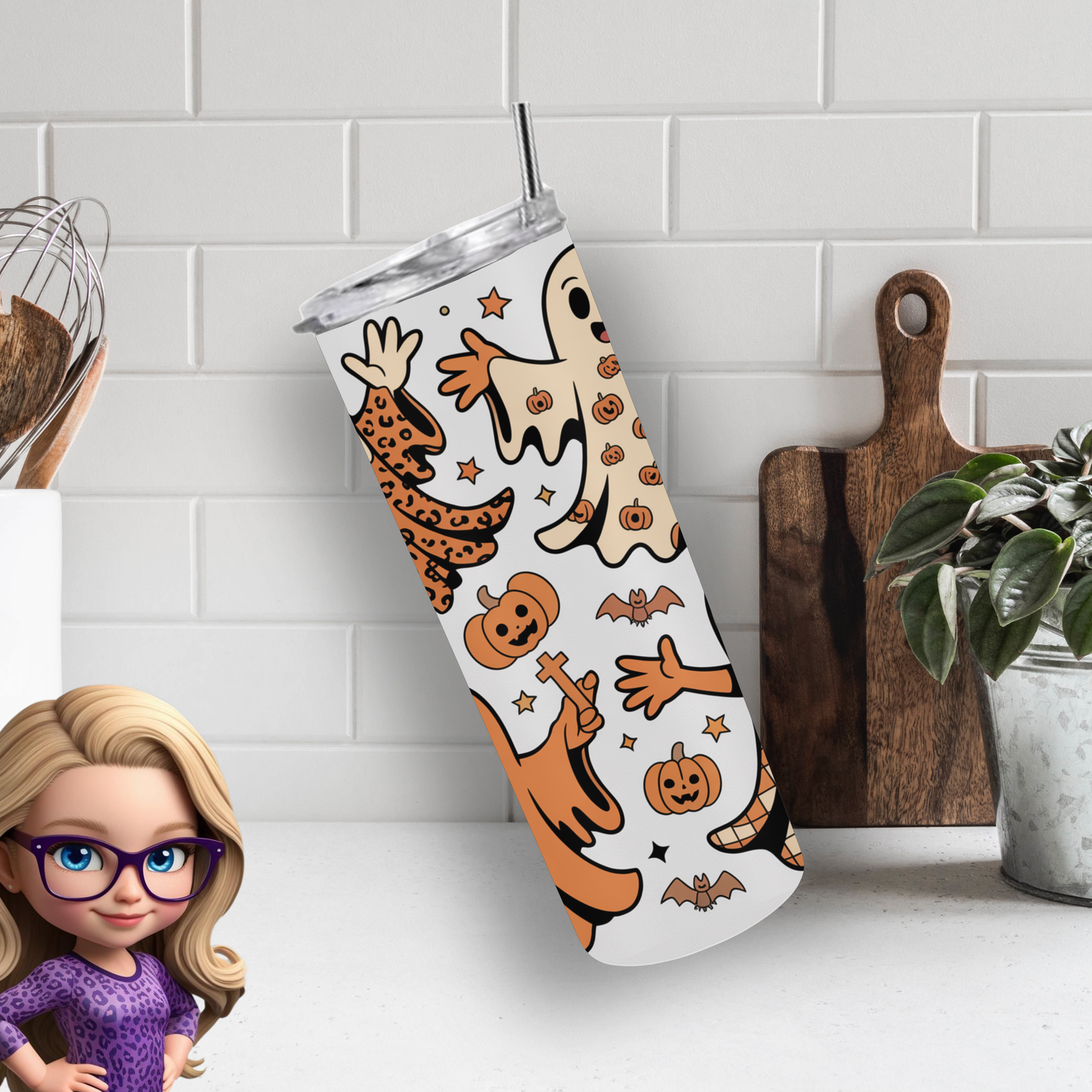 Retro Halloween Ghosts 20oz Skinny Tumbler, Spooky Season Drinkware, Cute Pumpkin Ghost Physical Tumbler, Made to Order Gift