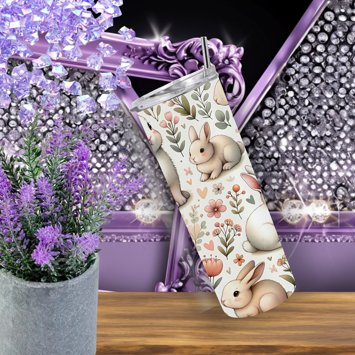 Bunny Tumbler 20 oz – Cute Spring Rabbit Skinny Tumbler with Floral Carrot Design, Insulated Cup with Straw, Easter Gift for Her