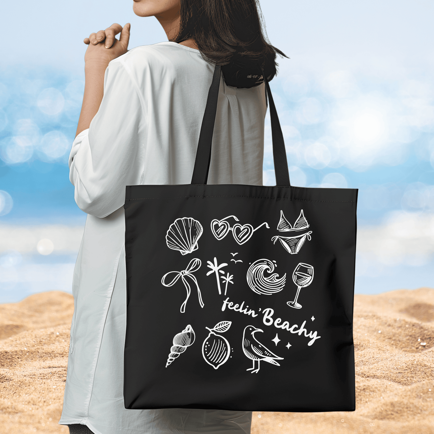 Black Canvas Tote Bag with "Feelin' Beachy" Design - Large 15x16 inch Reusable Shopping Bag