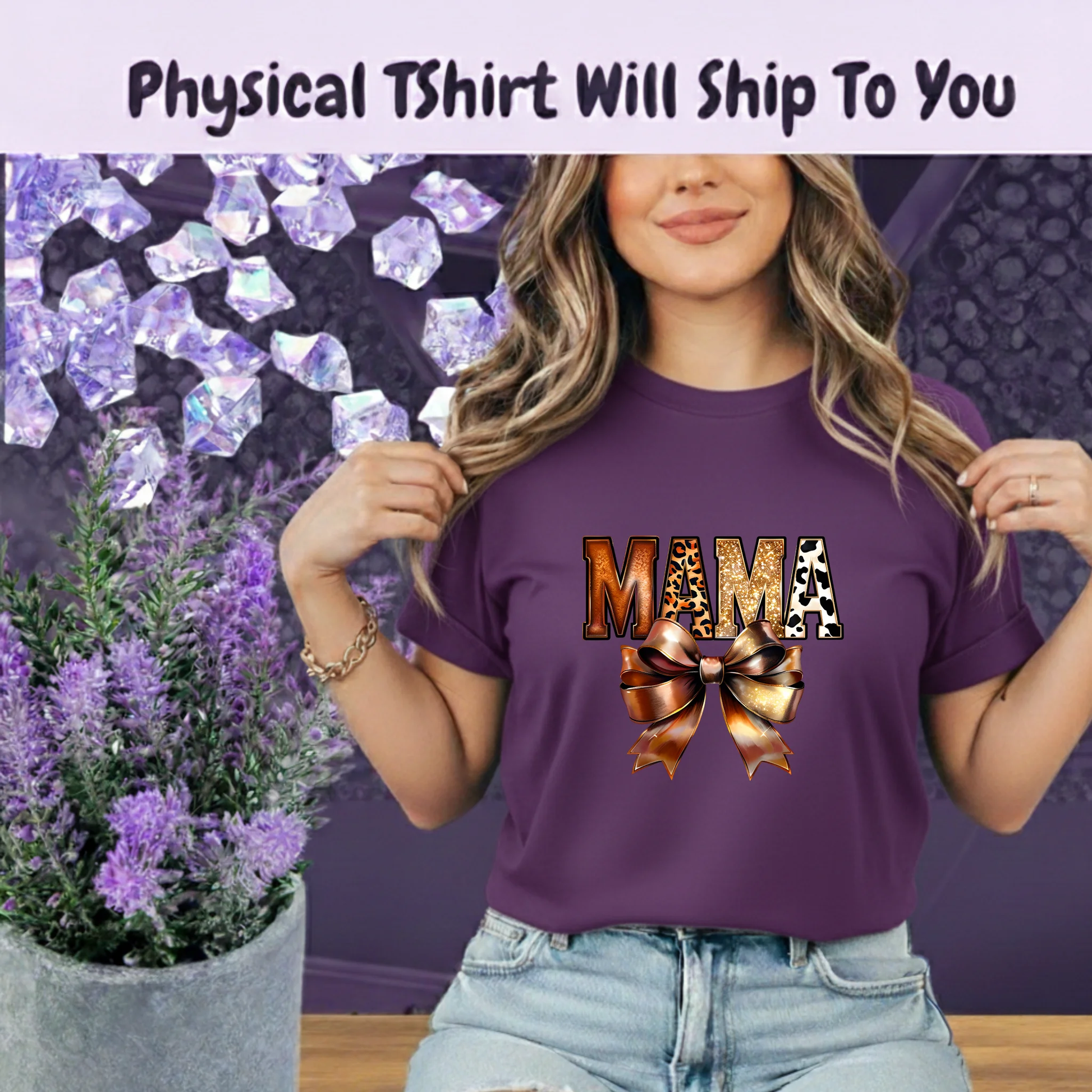 Western Mama T Shirt Leopard Print Gold Glitter Bow Boho Tee For Cowgirl Moms And Rodeo Lovers by Marie Gems