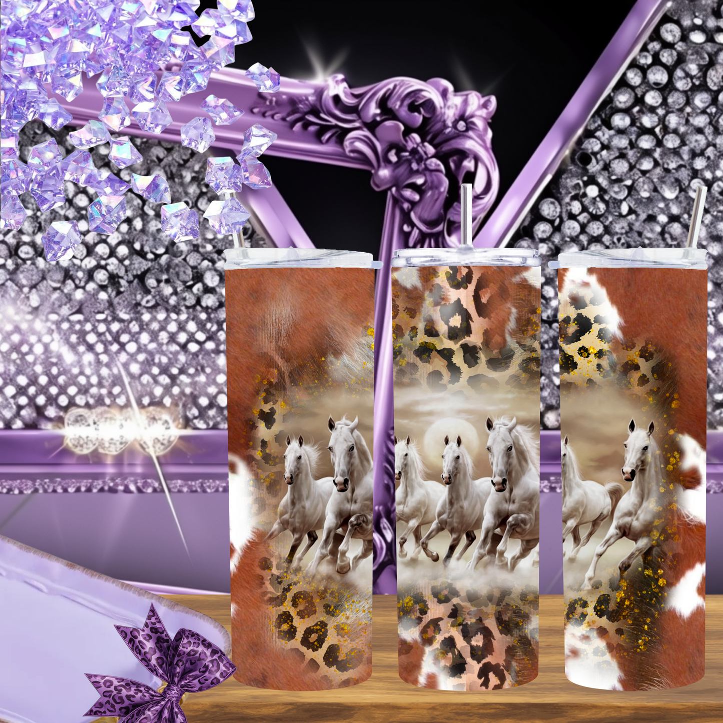 Horse Tumbler 20 oz – Western Cow Print & Leopard Skinny Cup with Running White Horses, Cowgirl Rodeo Coffee Tumbler