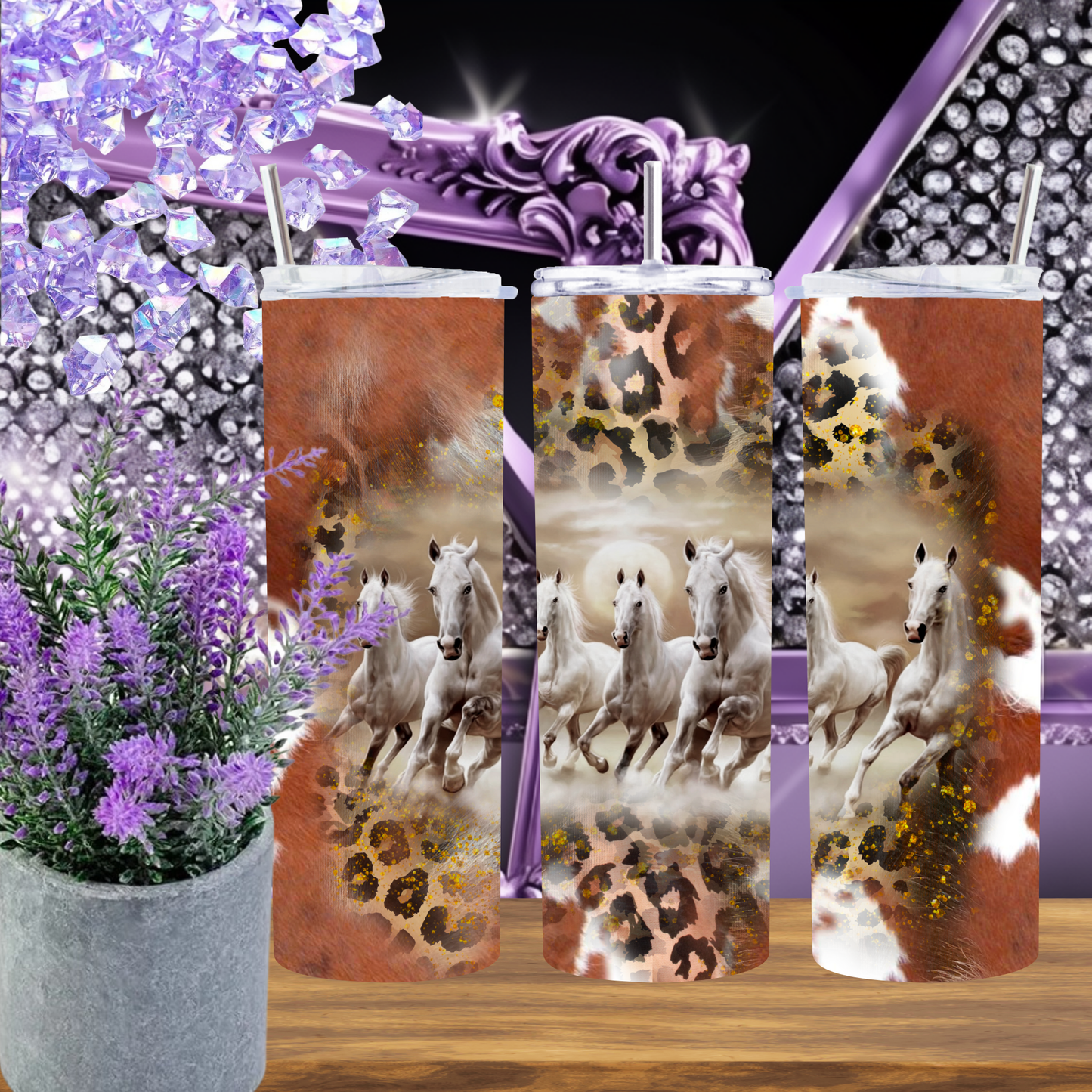 Horse Tumbler 20 oz – Western Cow Print & Leopard Skinny Cup with Running White Horses, Cowgirl Rodeo Coffee Tumbler